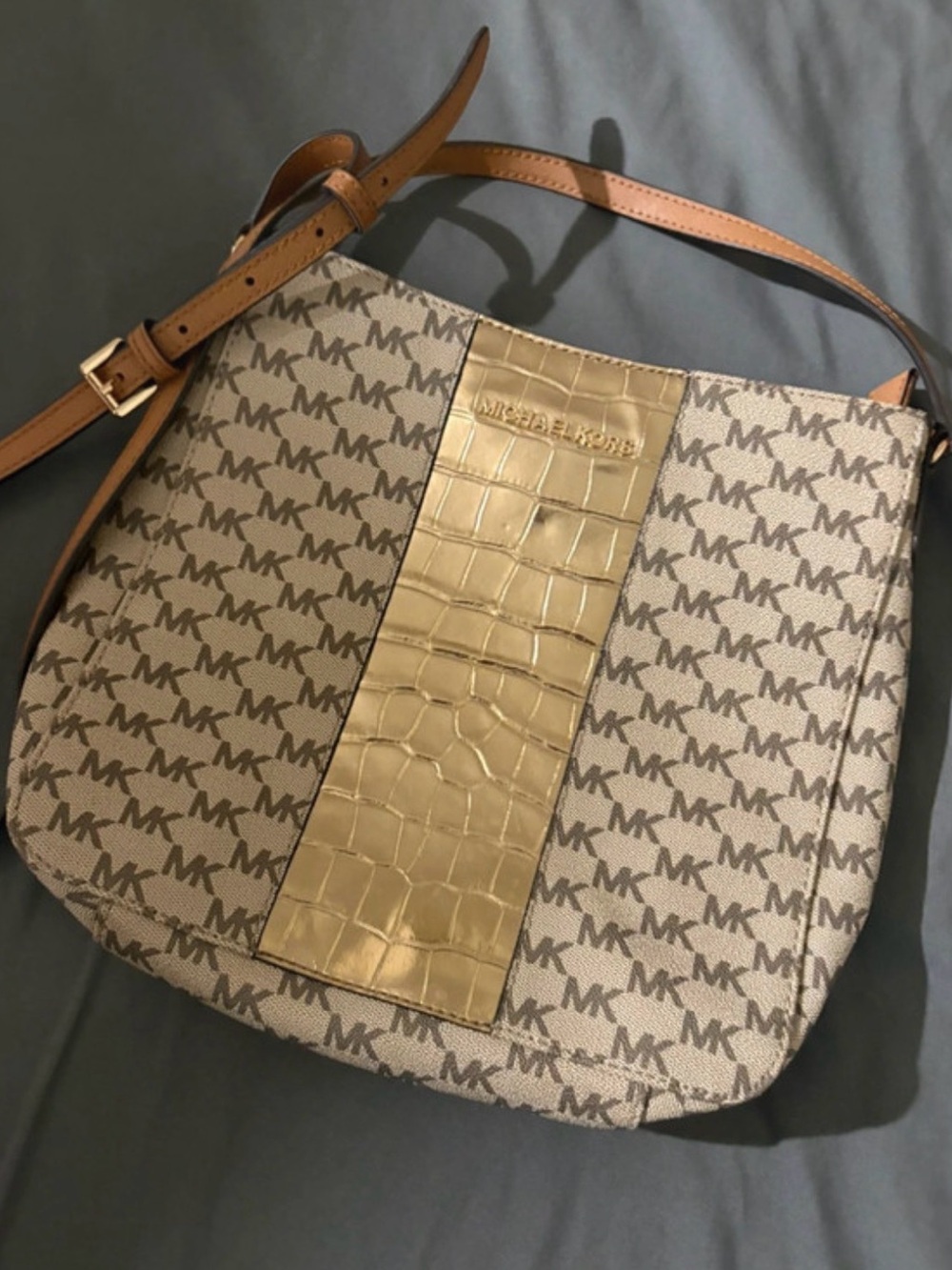 Michael Kors Beige MK Logo Crossbody with Gold Croc-Stripe